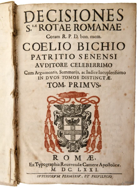 Decisiones [...] Coelio Bichio Patritio Senesi auditore celeberrimo, tomo I, Roma 1671, (segni di usura, consunzioni, strappi, lacune, difetti)
