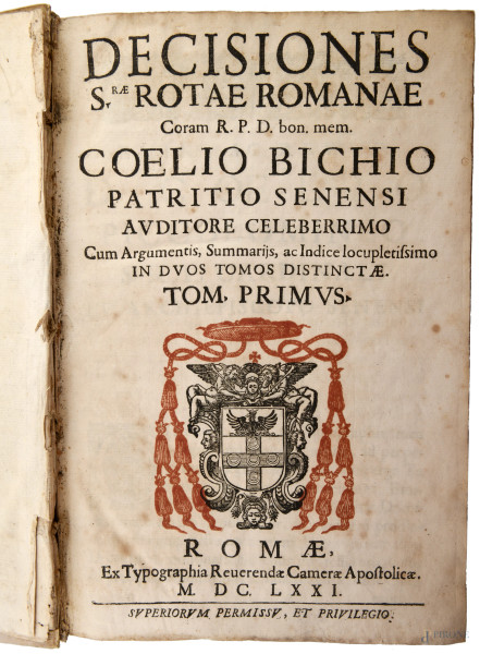 Decisiones [...] Coelio Bichio Patritio Senesi auditore celeberrimo, tomo I, Roma 1671, (segni di usura, consunzioni, strappi, lacune, difetti)