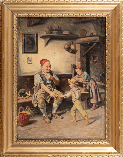 Interno con figure, XX secolo, olio su cartone, cm 72x51, firmato in basso a sinistra, entro cornice, (segni di usura, abrasioni, cadute di colore, difetti)