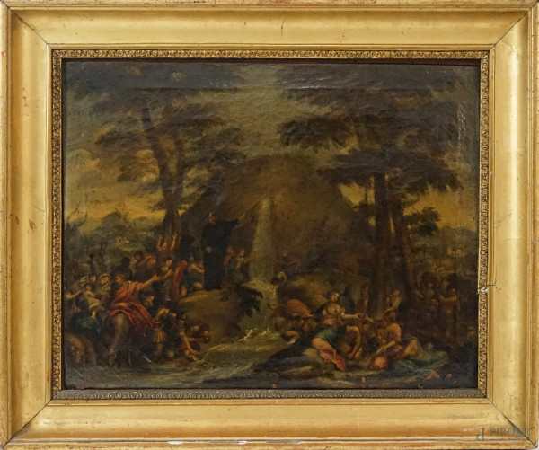 Pittore della fine del XVIII secolo, Miracolo della sorgente, olio su tela, cm 31x40, entro cornice.