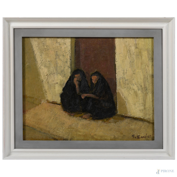 Giansebastiano Sani (1935-2014), Sull'uscio, olio su tavola, cm 38,5x49, firmato in basso a destra, entro cornice