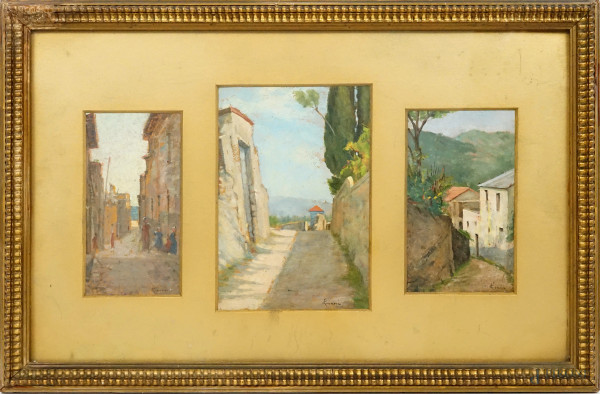 Scorci di borghi, lotto di tre dipinti ad olio su cartone e tavoletta, misure max cm 20x14,5, firmati, entro un'unica cornice.