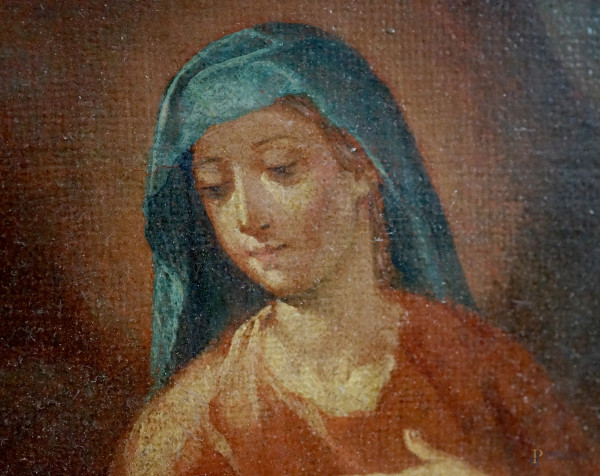 Scuola lombardo-emiliana del secolo XVIII, Annunciazione, olio su tela, cm 50x53.5, entro cornice...
