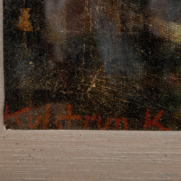 Paesaggio montano con città, olio su tela, cm 45x55, firmato, entro cornice