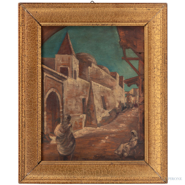 Scorcio di villaggio arabo, XX secolo, olio su tavoletta, cm 21x17, entro cornice, (segni di usure, fessurazioni)