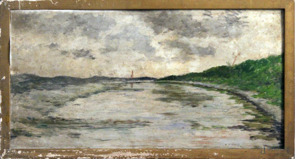 Paesaggio con canale, olio su tavola firmato P. Scarano, cm 28 x 56.