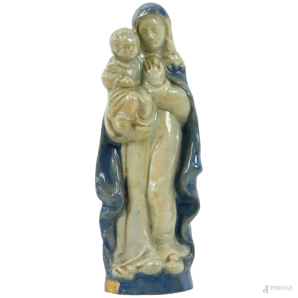 Madonna cola Bambino, scultura in maiolica smaltata in bianco e blu, cm h 38, (difetti)