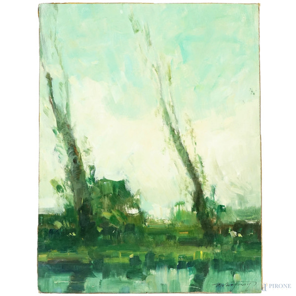 Alberi sul fiume, olio su cartone, firmato in basso a destra, cm 41,5x31,5