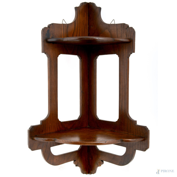 Mensola angolare in legno a doppio ripiano, XX secolo, cm 26x26x60,5