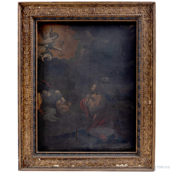 Cristo nel giardino dei Getsemani, XVII-XVIII secolo, olio su tela, cm 118x97 , entro cornice, (segni di usura, abrasioni, craquelure, sollevamenti di colore, lacerazioni della tela)