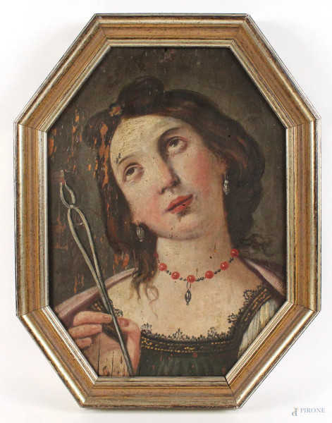 Sant&#39;Apollonia, olio su tavola ad assetto ottagonale, cm. 38x27, entro cornice.
