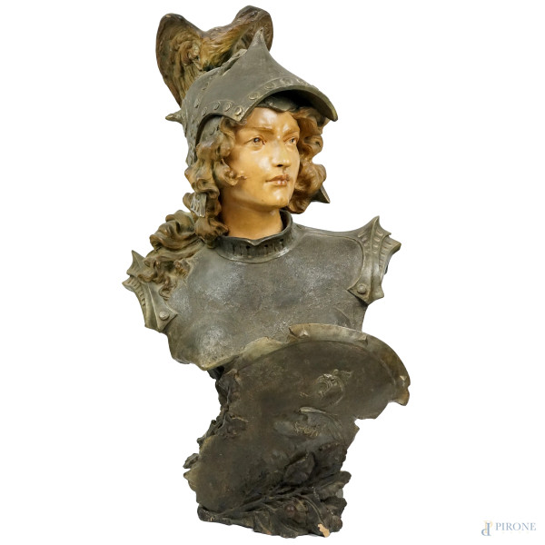 Giovanna d'Arco, busto in terracotta dipinta, cm 80x45, timbro a tergo, (difetti).