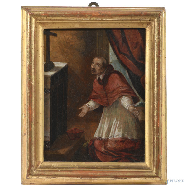 San Carlo Borromeo, XVIII-XIX secolo, olio su rame, cm 18x14, entro cornice, (segni di usura, abrasioni)