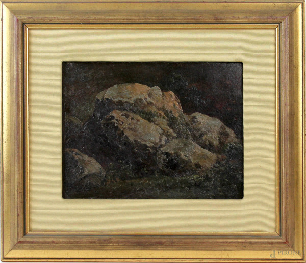 Rocce, olio su cartoncino, cm 18,5x24,5, XIX secolo, entro cornice, (piccolo difetto).