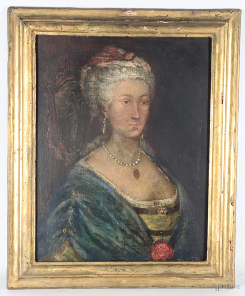 Ritratto di nobildonna, XIX secolo, olio su tela, cm 55x43, entro cornice, (segni di usura, abrasioni, sollevamenti e cadute di colore, difetti, restauri)