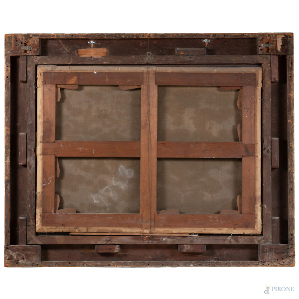 Paesaggio con figure e armenti, XIX secolo, olio su tela, cm 68x92,5, entro cornice (sollevamenti...