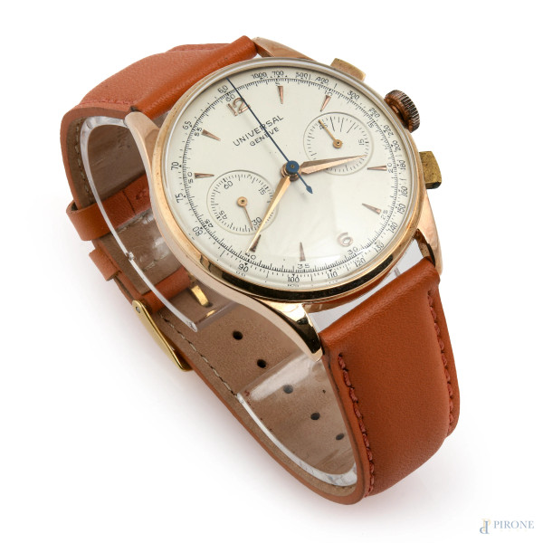 Orologio da polso Universal Geneve in oro 18  ktcon cinturino in cuoio arancio, lunghezza cinturino cm 24, diametro cassa 35 mm, (da revisionare)