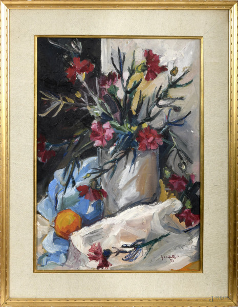Vaso di fiori, olio su cartone telato, XX secolo, cm 93,5x71 entro cornice, firmato in basso a destra (difetti)