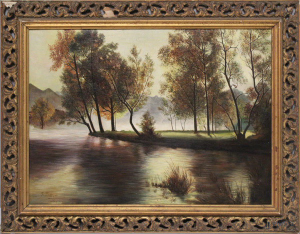Paesaggio, olio su tela riportato su cartone, 40x54 cm, entro cornice.