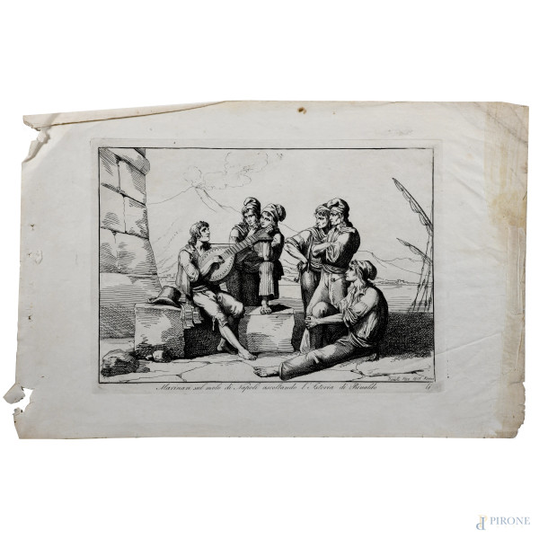 Incisione di Bartolomeo Pinelli raffigurante Marinari sul molo di Napoli ascoltando l'Istoria di Rinaldo, XIX secolo, cm 28x42,   (segni di usura, tracce di umidità, gore, foxing, lacerazioni della carta, tracce di piegatura)