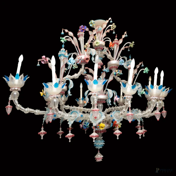 Lampadario a gondola in vetro di Murano a 12 luci, XX secolo, cm 150x195x130 ca., (segni di usura, difetti)