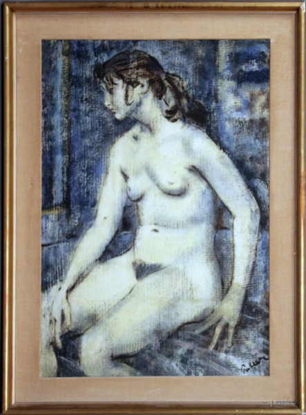 Nudo di ragazza, olio su masonite, cm 70x50, firmato, entro cornice.