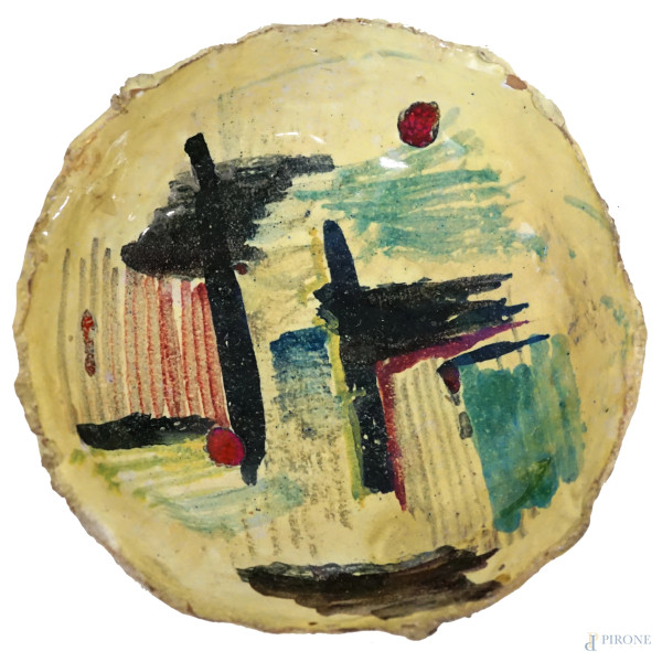 Ciotola in terracotta e smalto policromo, XX secolo, diametro cm 17,5 circa (sbeccature)