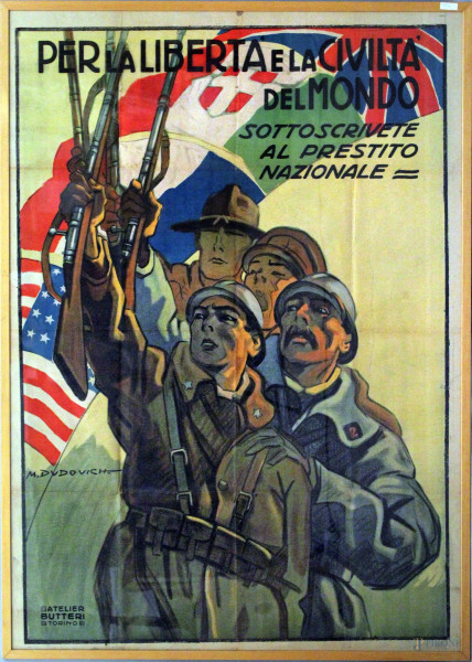 Marcello Dodovic - Manifesto per la sottoscrizione prestito di guerra 1918, h. 140x100 cm, entro cornice