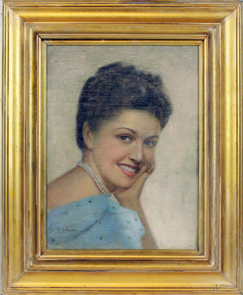 Ritratto di ragazza, olio su cartone telato, cm 33,5x25,5, firmato, entro cornice.