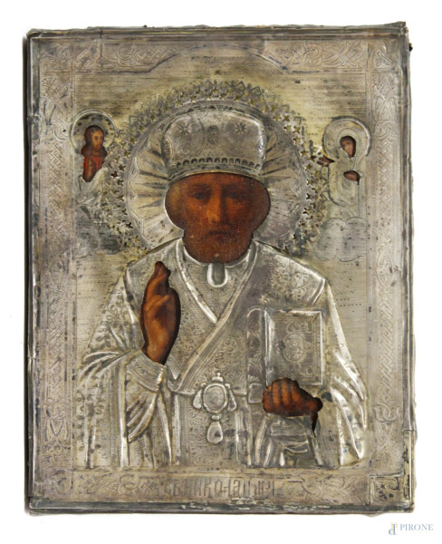San Nicola Martire, icona russa dell&#39;Ottocento con rizza in argento sbalzato e cesellato, cm 18 x 22.