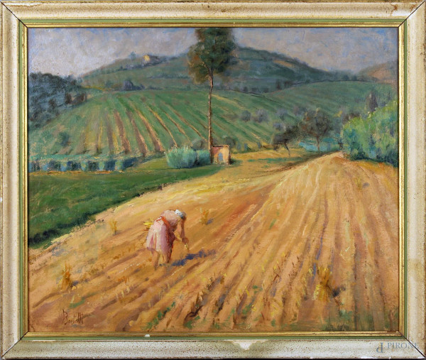 Paesaggio con contadina, olio su masonite, cm 40x50, firmato, entro cornice.