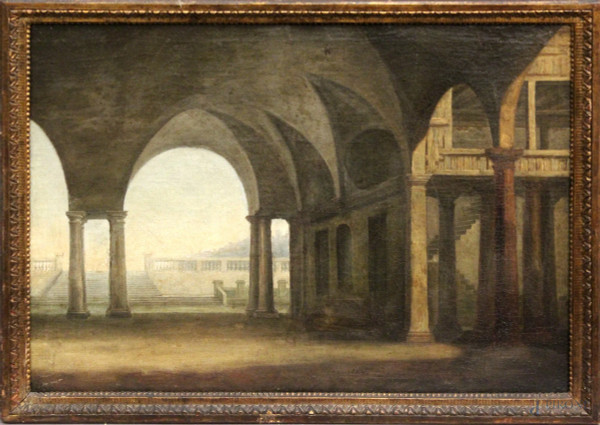 Architettura, Scuola dell&#39;Italia settentrionale del XVIII sec., olio su tela, cm 41,5 x 56,5.