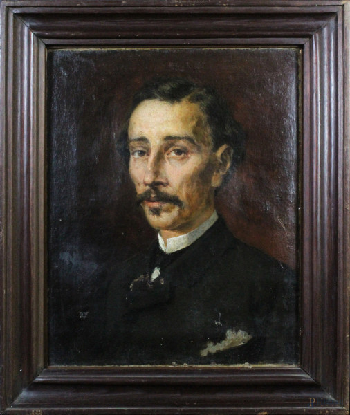 Ritratto di uomo con baffi, olio su tela, cm. 48,5x38,5,  XIX secolo, entro cornice, (difetti)