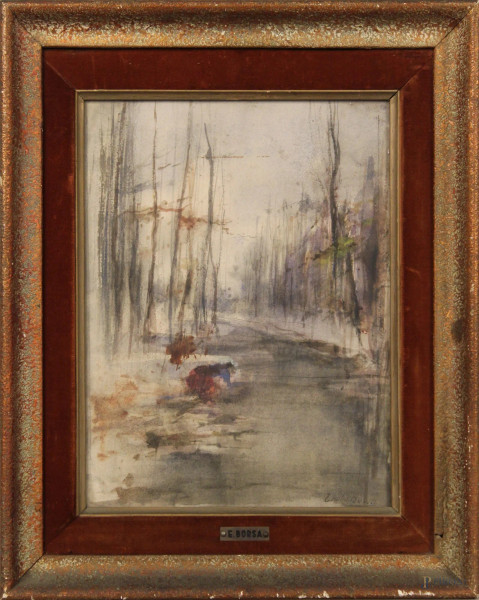 Emilio Borsa, scorcio di bosco con fiume, acquarello su carta, 30x24 cm, entro cornice.