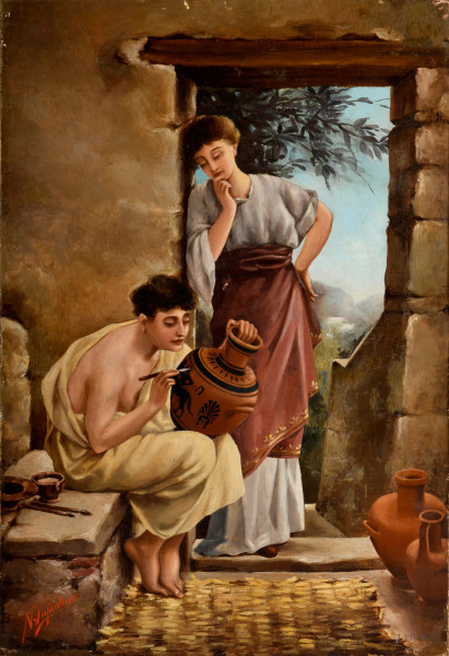 Pittore di vasellame, XIX-XX secolo, olio su tela, cm 46x31, firmato in basso a sinistra, (difetti)