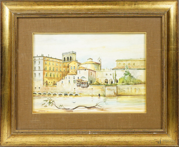 Veduta dell'Arno, acquerello su carta, firmato G. Evangelisti, cm 26,5x36,5, entro cornice (difetti)