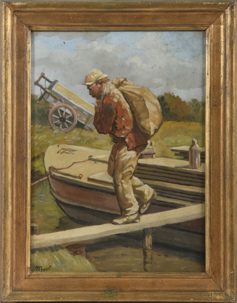 Lavoratore, XX secolo, olio su tela, cm 39x29, firmato in basso a sinistra, entro cornice, (lievi segni di usura)