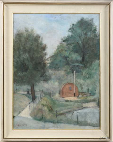 Capanno, olio su compensato, cm 58,5x44,5, firmato e datato "935 XIII" in basso a sinistra, entro cornice, (segni di usura, lievi sollevamenti e cadute di colore)