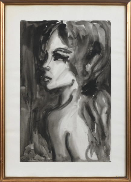 Profilo di giovane donna, XX secolo, tecnica mista su carta, cm 69,5x49 compreso passepartout, firmato in basso a destra, entro cornice, (ondulazioni della carta)