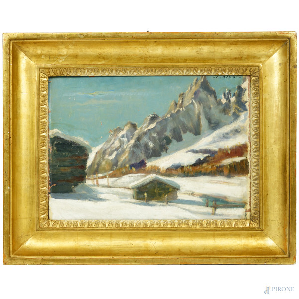 Paesaggio montano con baita, olio su cartoncino, firmato in alto a destra, cm 23x30, entro cornice