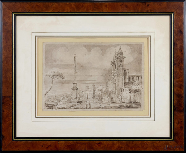 Lotto di due vedute di Roma, china e acquarello su carta vergata, XX secolo, cm 16,5x25 entro cor...