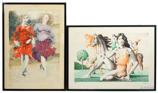 Lotto di due litografie raffiguranti Ballerine di Can Can e Ritratto di donna con cavalli, misure max cm 50x70, firmate, ES. 18/150 e 90/200, entro cornici, (piccole macchie).