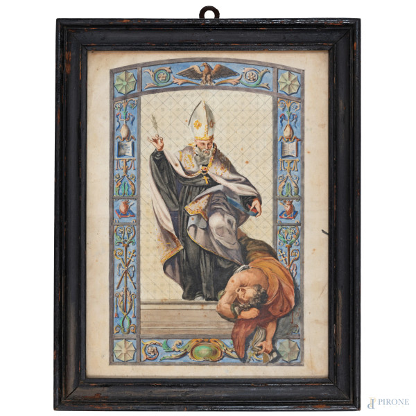 Sant'Agostino, XX secolo, tecnica mista su carta, cm 38x28, entro cornice (segni di piegatura, ondulazioni della carta, foxing e tracce di umidità)