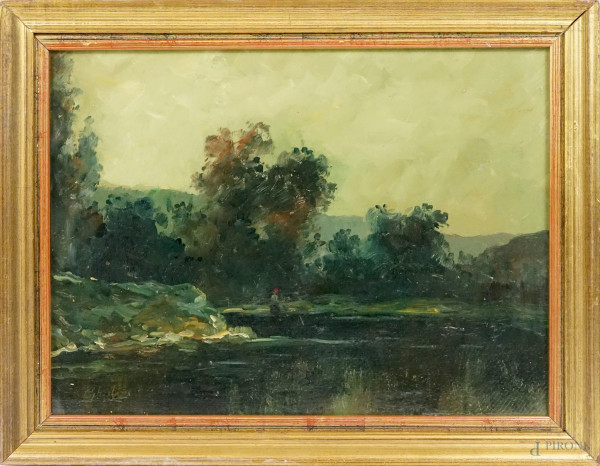 Paesaggio fluviale con figura, olio su cartone, firmato, cm 29,5x39,5, entro cornice