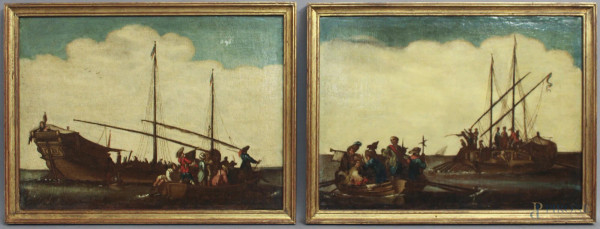 Marine con imbarcazioni, coppia di dipinti ad olio su tela, XVIII sec., cm 27,5 x 37,5.