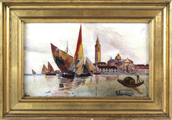 Veduta di Venezia, olio su cartone telato, cm 14x24, firmato, entro cornice