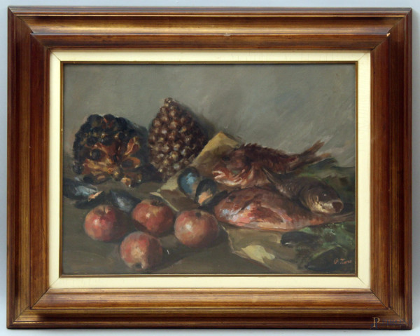 Natura morta con pesci con frutta, olio su tela, 46x34 cm, entro cornice firmato R.Toro