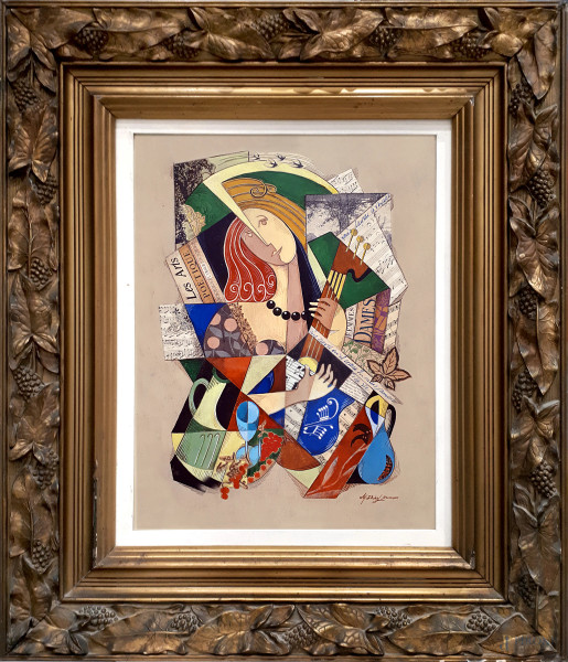Mathis Leroux (XX sec.) Composizione cubista, tecnica mista e collage su cartone, cm 43x33, firmato, con cornice