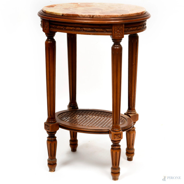 Gueridon in noce con piano in marmo, XX secolo, cm 65x45x35, (difetti)