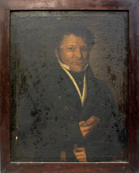 Ritratto di gentiluomo con libro, olio su tela, XIX secolo, cm 72,5x56, entro cornice.